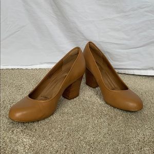 Cognac/Tan/Brown Leather Pumps, Stacked Wood Heel